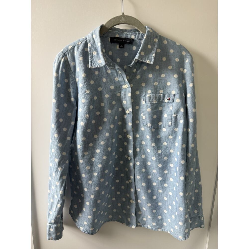 Tommy Hilfiger Woman M Blue Polka Dot Cotton Roll Tab Sleeve Button Collared S/P